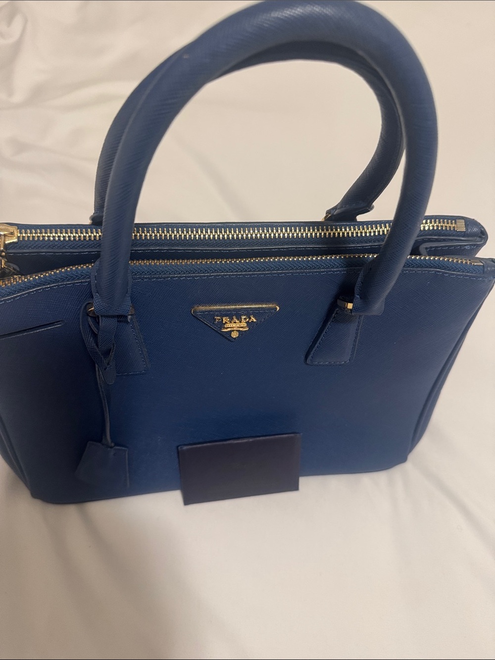 Prada Navy Saffiano Double-Zip Satchel with Gold Hardware